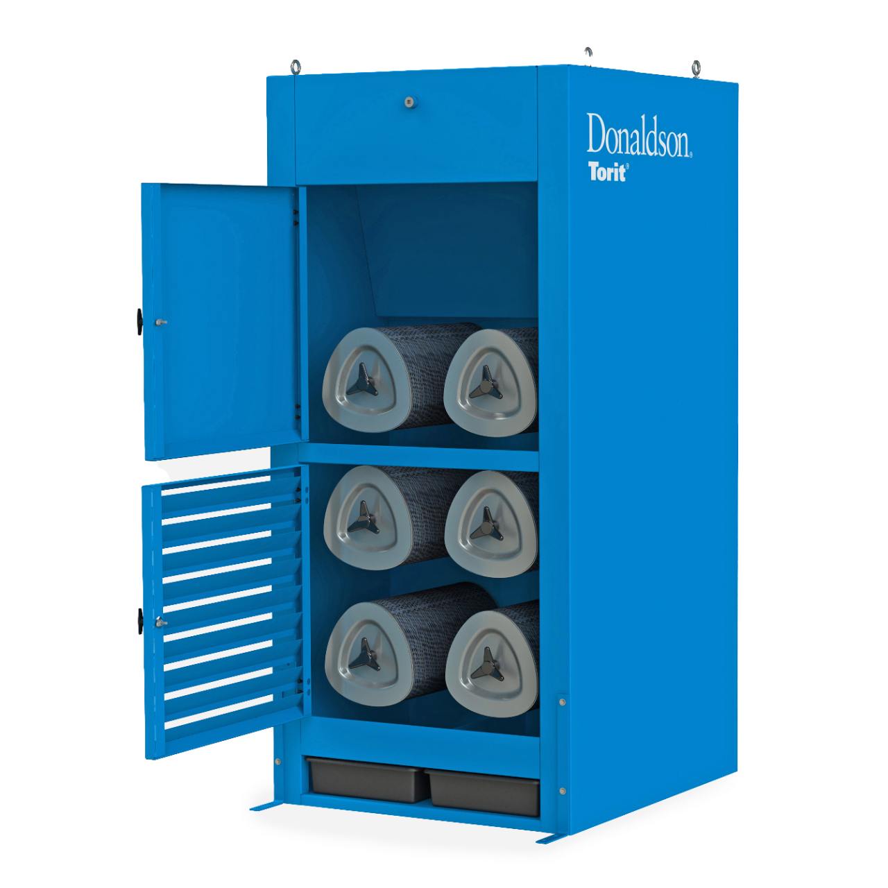 Downflo Workstation-Entstaubungsanlage mit geöffneter Tür und mit Patronen beladen.