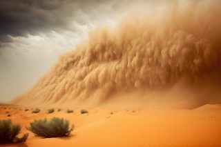 Heavy sand and dust storm above desert land on hot summer day. Danger and power of wild nature. Huge cloud carried by wind 3d artwork