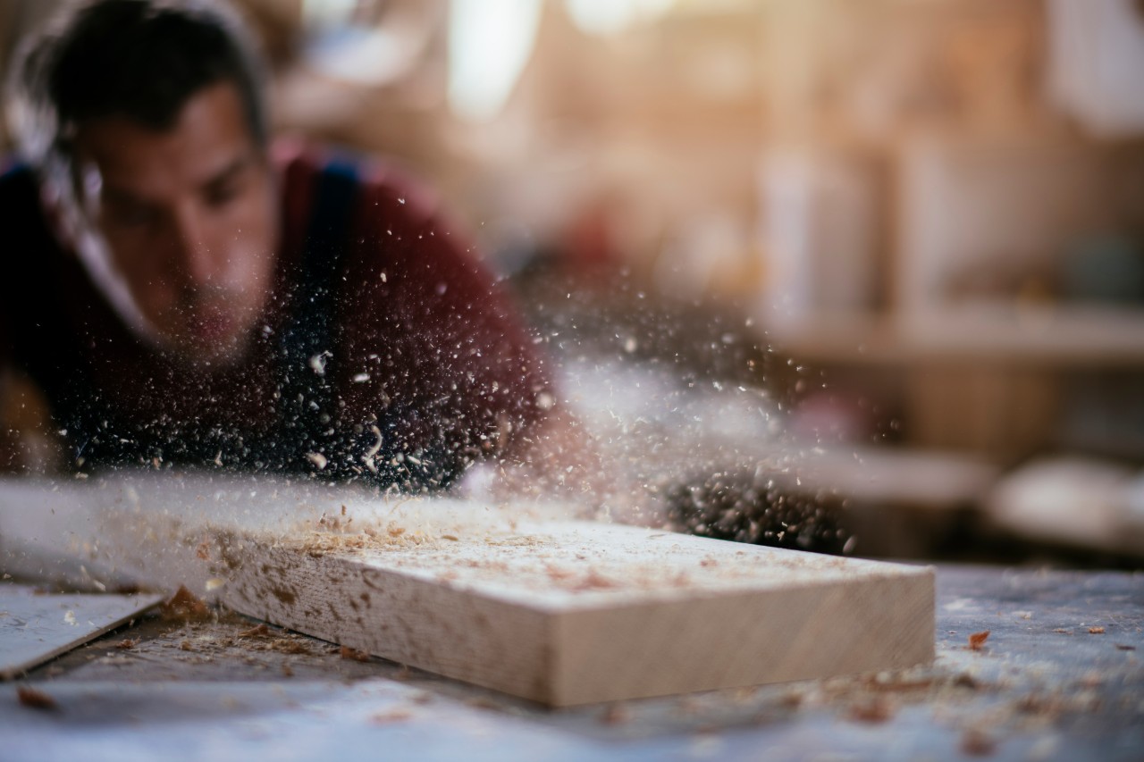 Young handsome carpenter stock photo. 