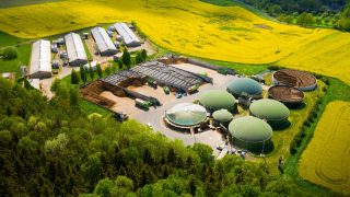 Biogas plant and farm in blooming rapeseed fields. Renewable energy from biomass. Aerial view to modern agriculture in Czech Republic and European Union. 