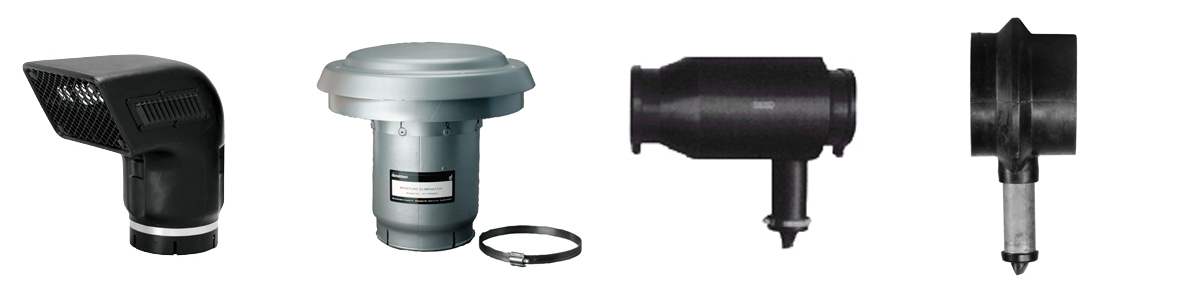 Common water prevention intake accessories: air ram, rain cap, inline separator, and in-line moisture skimmer