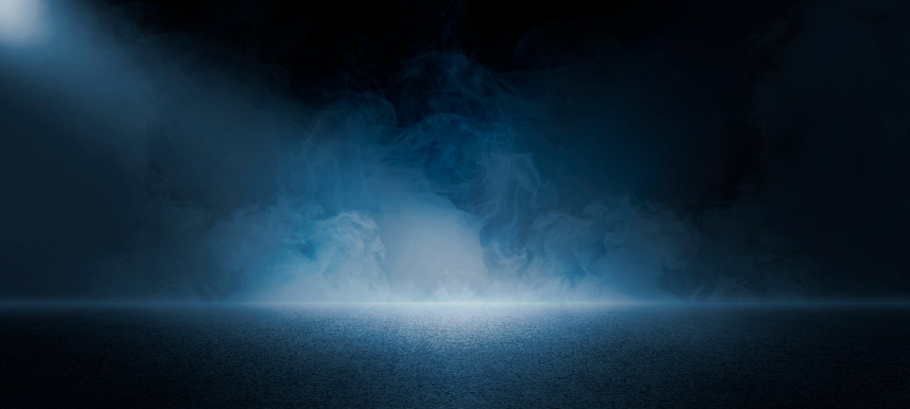 The dark stage shows, dark blue  background, an empty dark scene, neon light, spotlights The asphalt floor and studio room with smoke float up the interior texture for display products