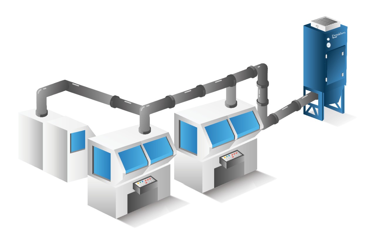 Exemple de système cellulaire (rapport collecteur-machine de 1:3) pour la ventilation par aspiration. 