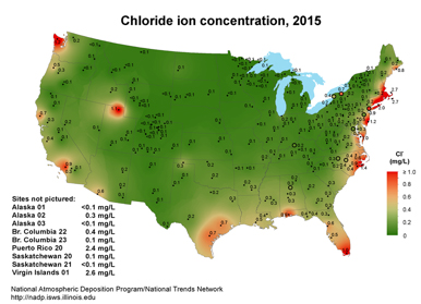 Figure 5 : Les concentrations en chlorure sont généralement plus élevées dans les zones côtières.