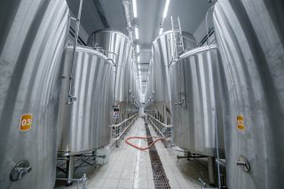 Stock Photography: Row of tanks in brewery. Fermentation in a brewery tanks with beer for brewing. Modern beer factory. Big steel tanks for storage.